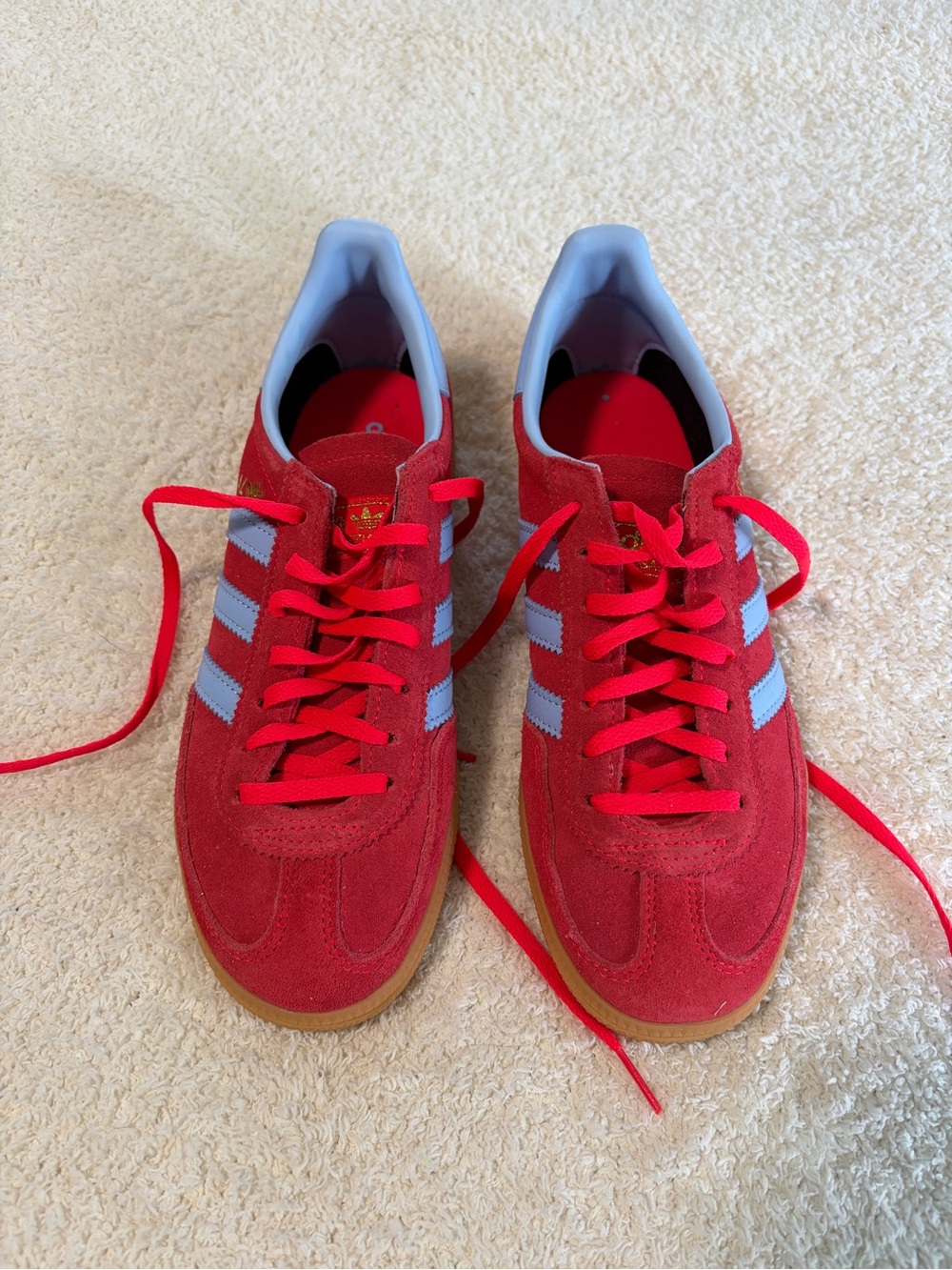 adidas Red Suede Sneakers with Light Blue Stripes